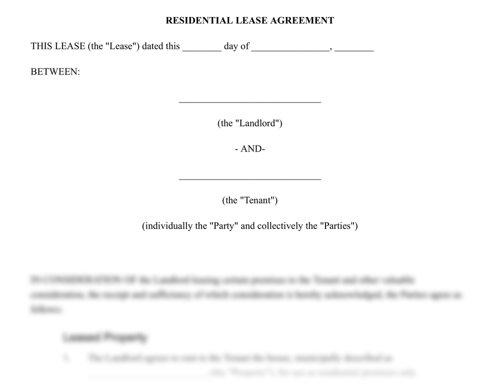 The top of the real Texas residential lease agreement, with the clauses blurred out